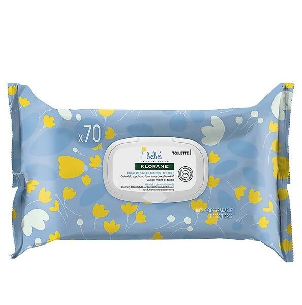 Klorane – Lingettes nettoyantes douces pour le corps au Calendula apaisant – Bébé – Peau normale à sèche 70 u
