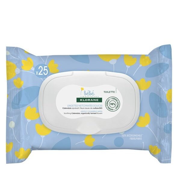 Klorane – Lingettes nettoyantes douces pour le corps au Calendula apaisant – Bébé – Peau normale à sèche 25 u