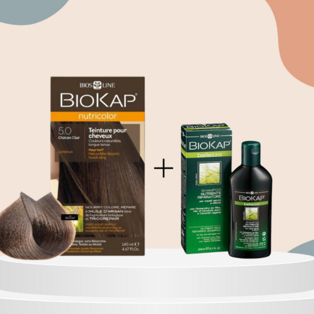 Biokap-nutricolor-5.0-140mlshampoing-nourissant-reparateur-100ml-pack-1.png Biokap nutricolor 5.0 140ml+shampoing nourissant reparateur 100ml pack – Image 1