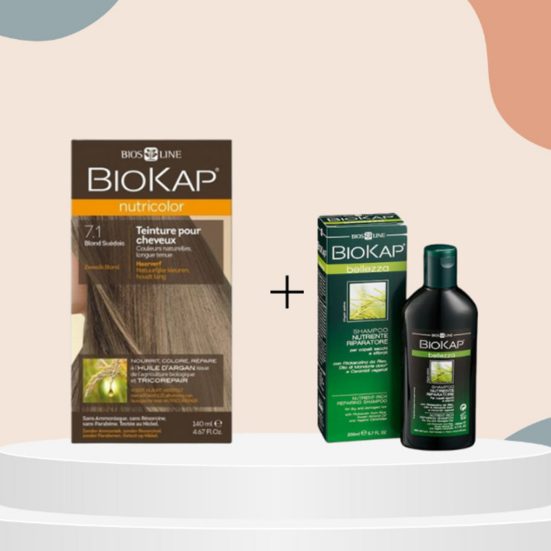 Biokap-nutricolor-7.1-140mlshampoing-nourissant-reparateur-100ml-pack-1.png Biokap nutricolor 7.1 140ml+shampoing nourissant reparateur 100ml pack – Image 1