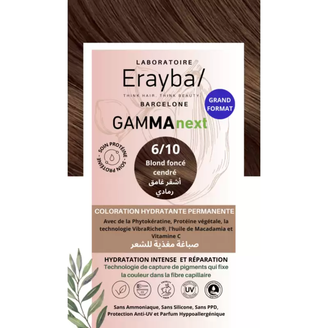 Erayba-Gamma-next-Coloration-610-Blond-fonce-cendre-1.png Erayba Gamma next Coloration 6/10 Blond fonce cendre Coloration Hydratante Permanente – Image 1