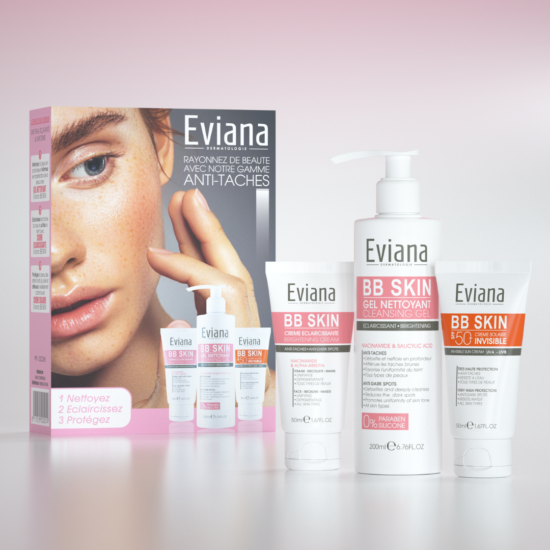 Eviana-Duo-pack-Bb-Skin-Cr-eclaircissantgel-nettEcran-invisible-1-1.png Eviana Creme Eclaircissant + Gel Nettoyant + Ecran Invisible PACK – Image 1
