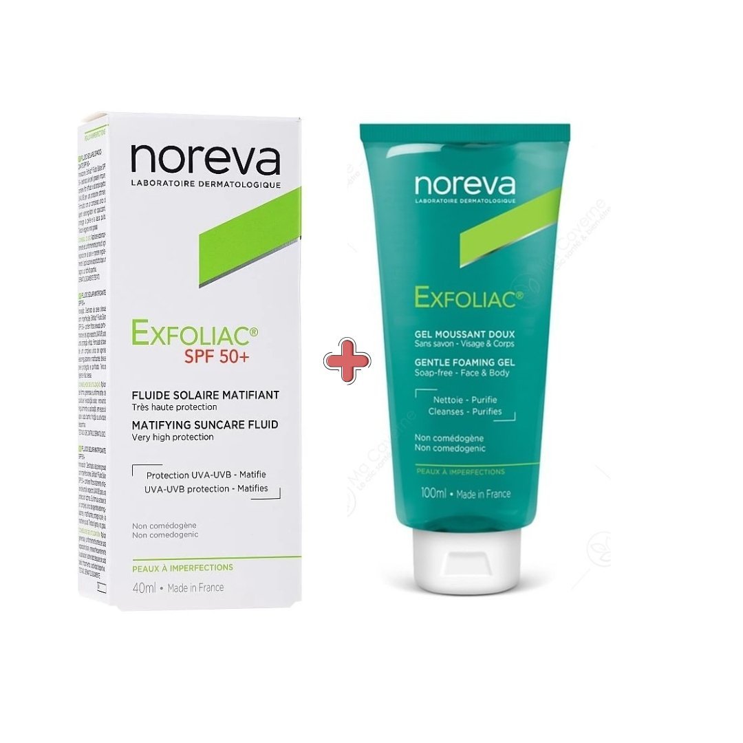 Exfoliac-duo-pack-ecran-solaire-spf50-40mlgel-moussant-doux-100ml-1.jpg Noreva Exfoliac Ecran Solaire Spf50+ 40ml + Gel moussant Doux 100ml PACK – Image 1