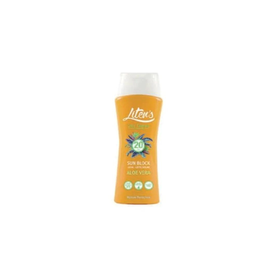 Litens-lait-solaire-aloe-vera-spf20-250ml-1.png Liten’s Lait Solaire Aloe Vera Spf20 250ml – Image 1