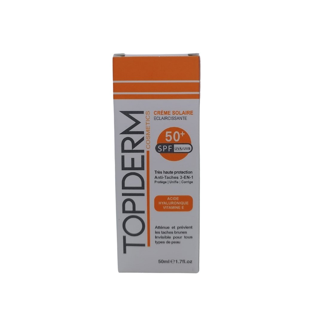 Topiderm-Lait-solaire-spf50-150ml-2.jpg Topiderm Ecran Solaire Eclaircissante Spf50+ 50ml – Image 1