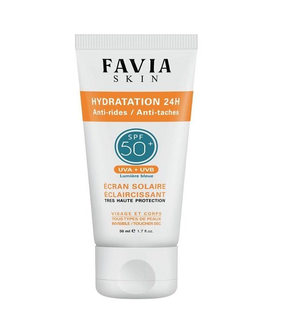 favia-skin-hydratation-antirides-antitaches-spf50.jpg FAVIA DERMATOLOGIE SKIN ÉCRAN SOLAIRE ÉCLAIRCISSANT SPF50 HYDRATATION 24H, ANTI-RIDES / ANTI-TACHES 50ml – Image 1