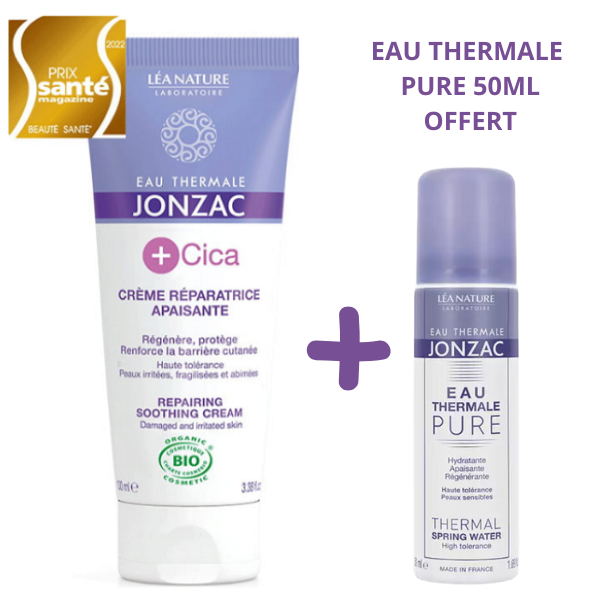 jonzac-maroc-eau-termale-cica-bio-offre-pack-1.png EAU THERMALE JONZAC +CICA CRÈME RÉPARATRICE APAISANTE 100ml = Eau Thermal 50ml Offerte – Image 1